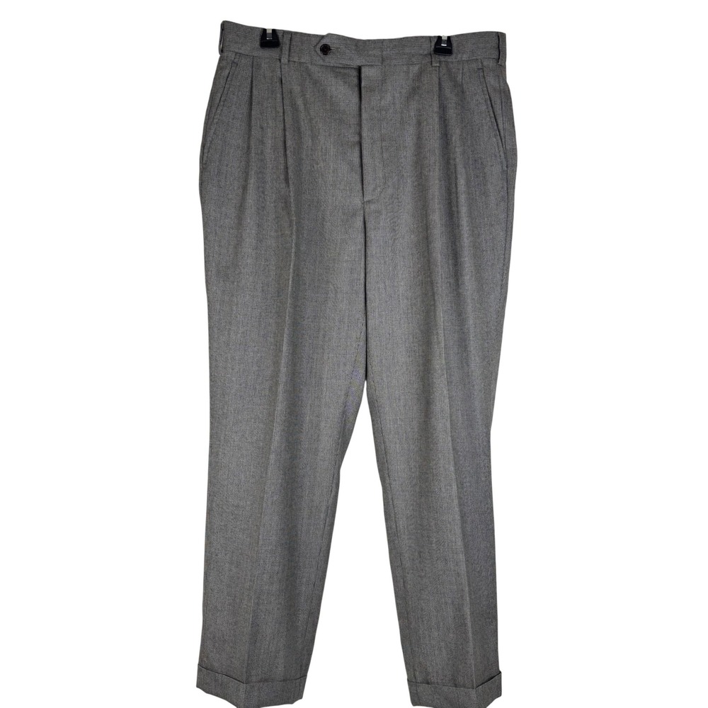 Nautica Dress Pants Mens 36x38 Grey 100% Wool Pleated Cuffed Houndstooth Pant